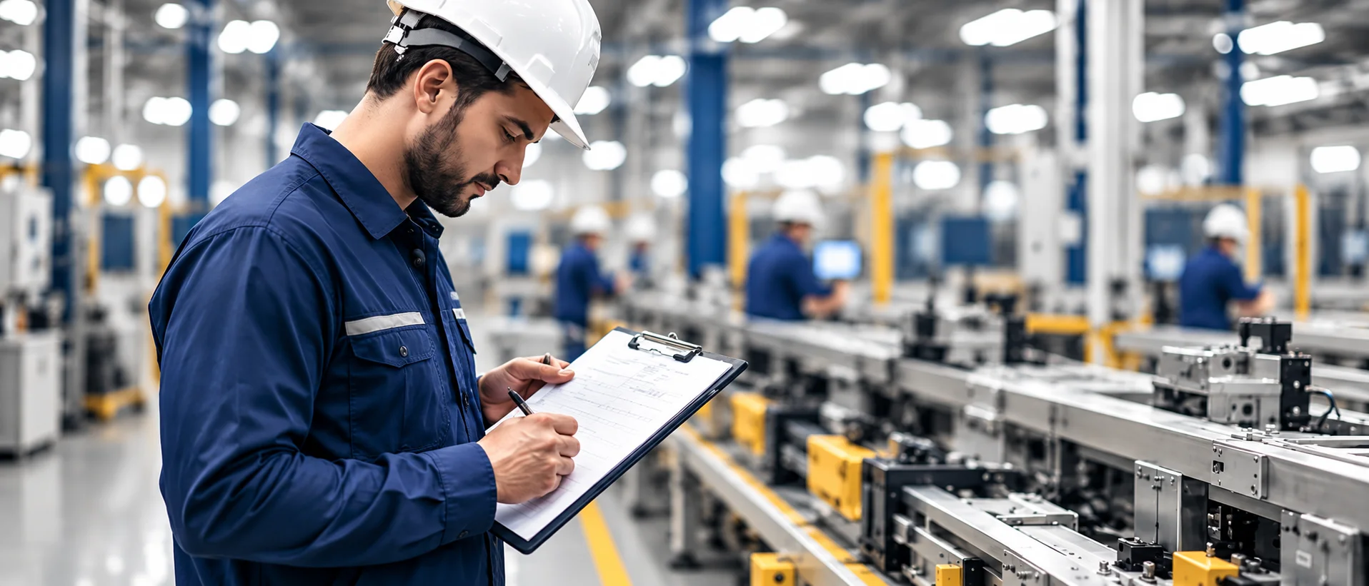 Engenheiro inspecionando uma linha industrial